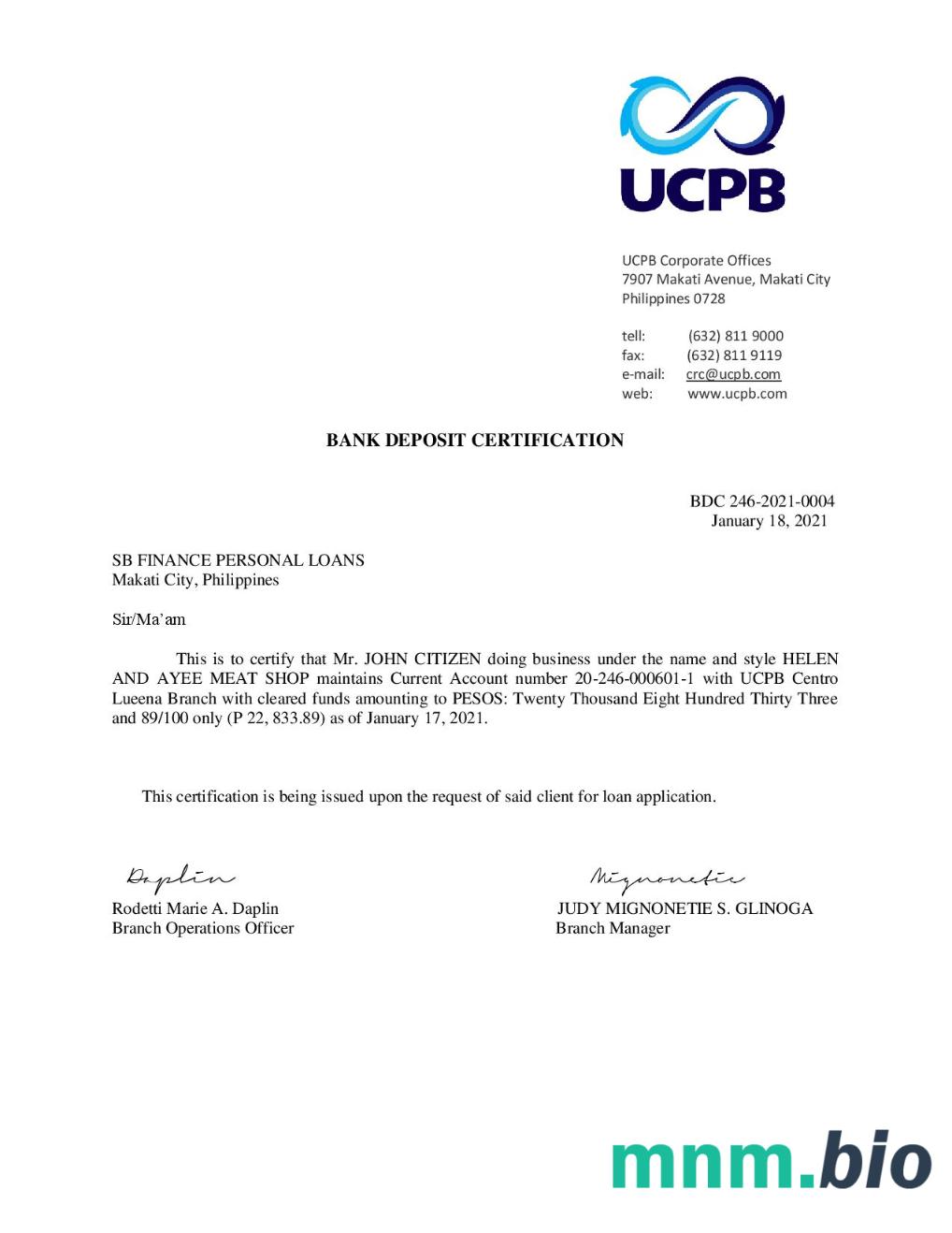 Philippines ucpb bank deposit certification letter